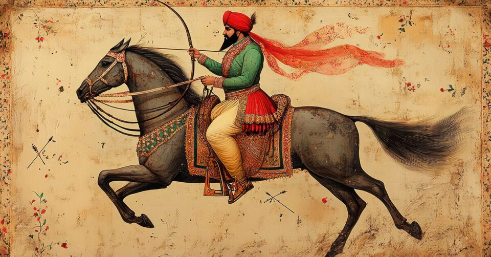 Mughal warrior mounted archer riding horseback indian mughal painting depicting majestic prince