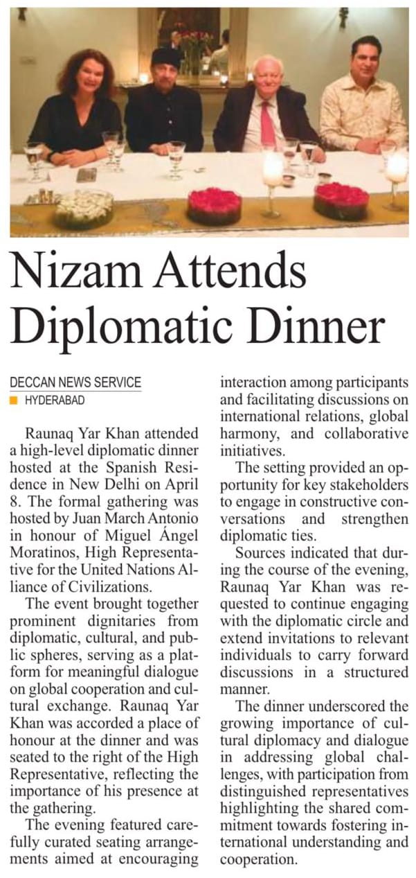 Nawab raunaq yar khan blog diplomatic dinner 20260410