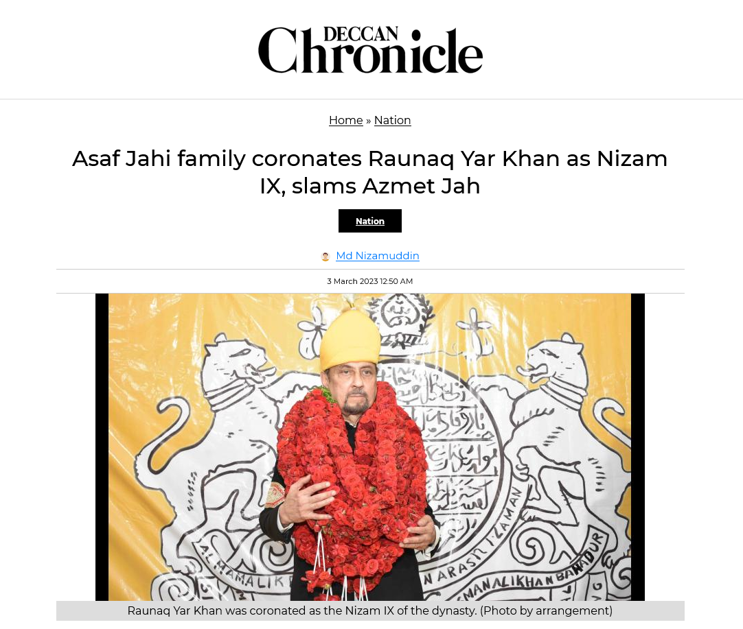Nizam of asaf jahi dynasty of hyderabad nawab raunaq yar khan deccan chronicle article