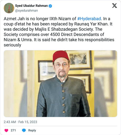 Tweets nizam of asaf jahi dynasty of hyderabad raunaq yar khan 1625604157205000194