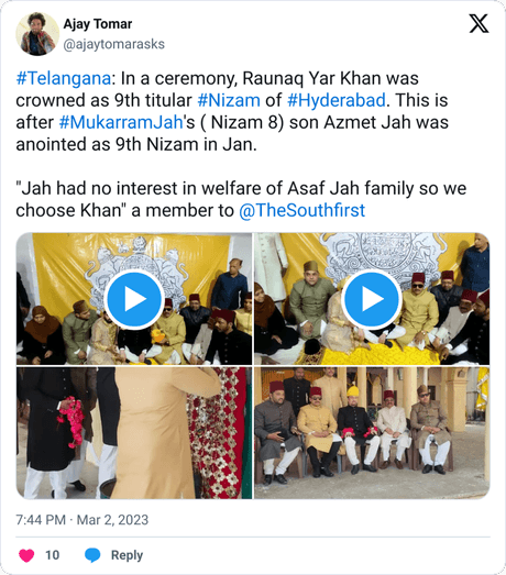 Tweets nizam of asaf jahi dynasty of hyderabad raunaq yar khan 1631296899285237765